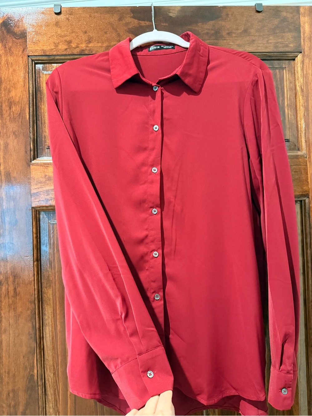 Long sleeve satin burgundy button up blouse
